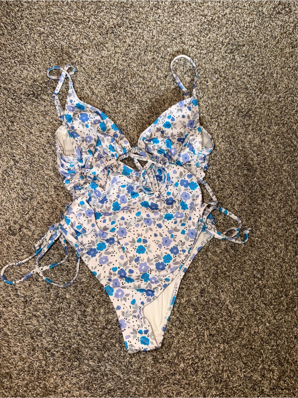 SHEIN White One-Piece Swimsuit with Blue Floral Print